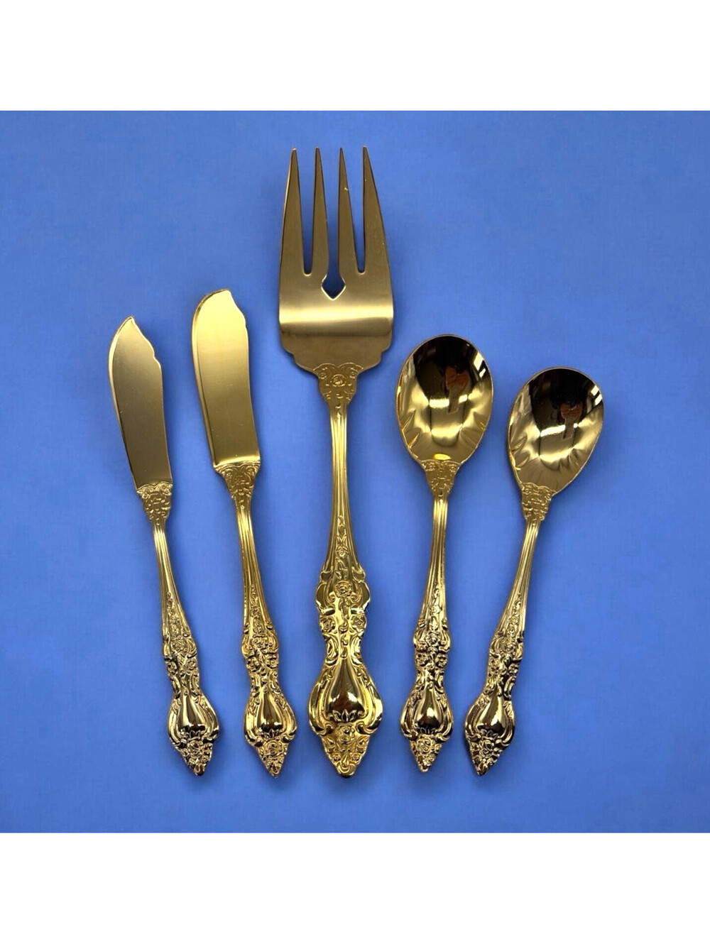 Royal Sealy Gold Plated Serving Set 5 Pc RLF1 Japan Fork Spoons Knives Ornate